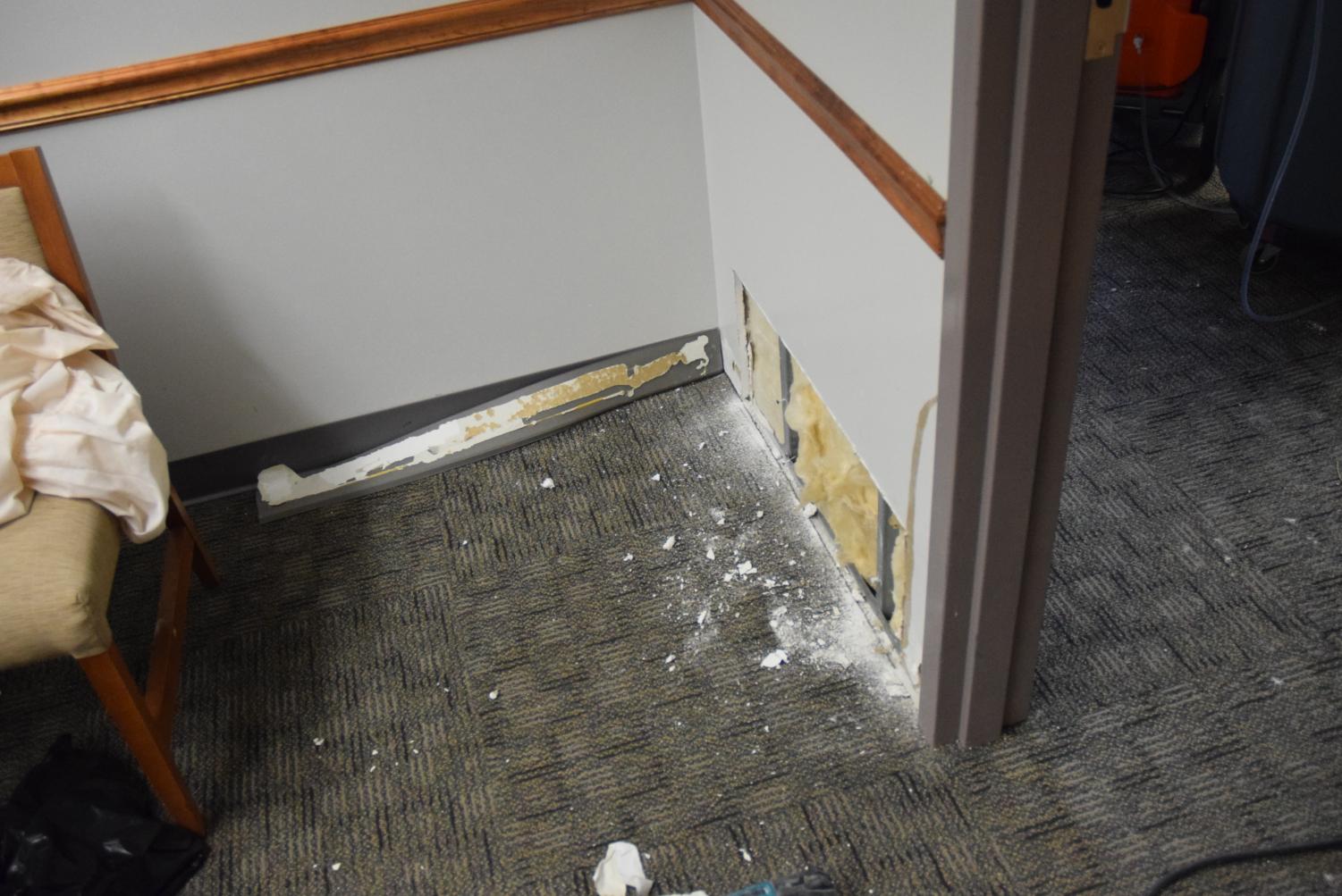 Workers have begun replacing the drywall in B125 which was damaged when the pipes in Mr. Facchin's room burst and leaked water into the classes and offices below.